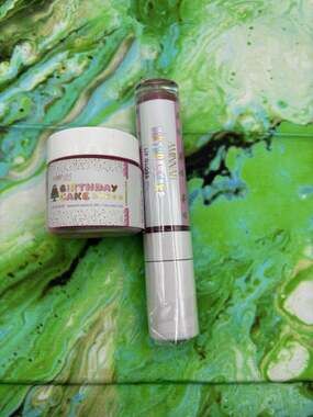 Birthday Cake Lip Gloss and Lip Scrub Set Aminnah Shea Sugar Vegan Gift Duo